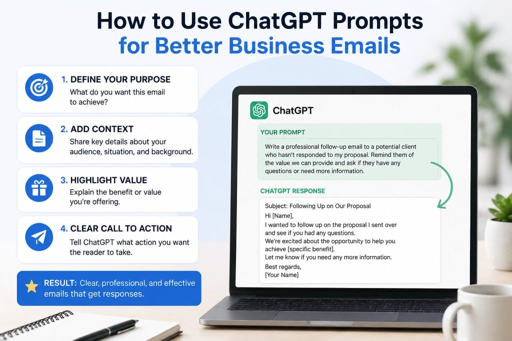 How to use ChatGPT prompts for business email writing with purpose, context, value, and call-to-action framework example