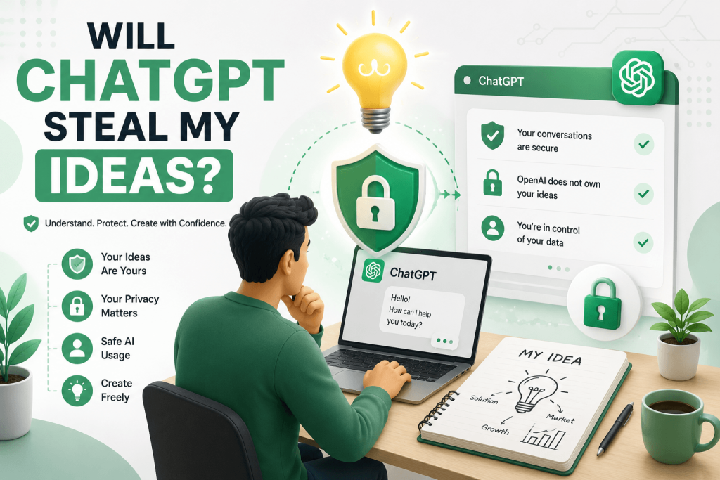 Green-themed featured image showing a person using ChatGPT on a laptop while protecting a business idea, with a glowing lightbulb, privacy shield, lock icons, and secure conversation indicators representing AI privacy, idea ownership, and data protection.