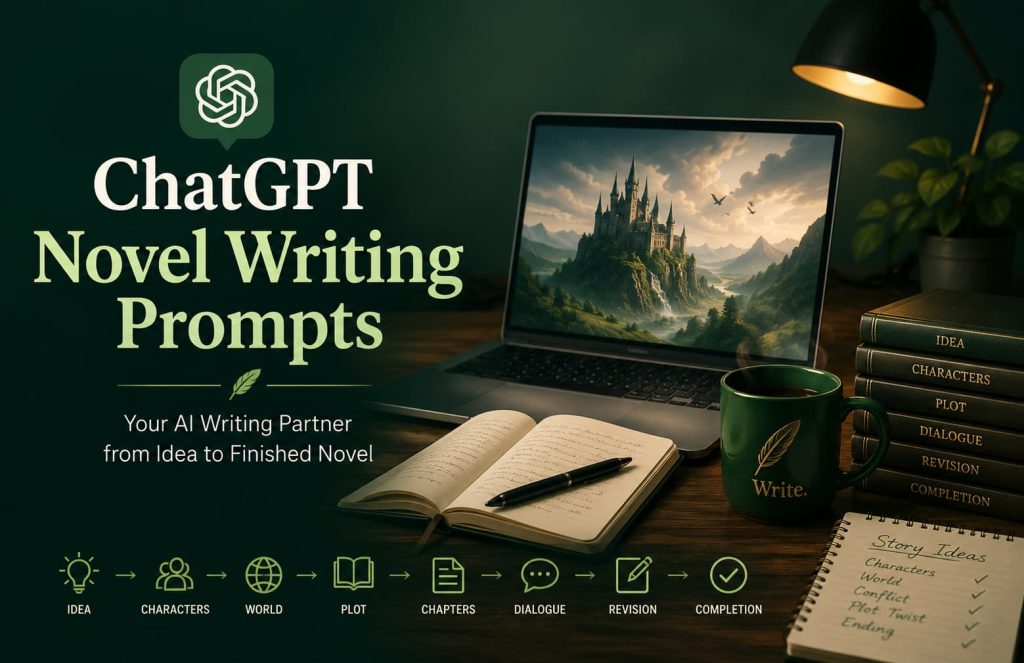 ChatGPT novel writing prompts displayed on a creative writing workspace with a laptop, notebook, fantasy story inspiration, and the novel writing framework from idea to completion.