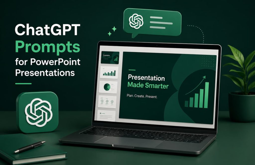 Modern dark green themed illustration showing ChatGPT helping create PowerPoint presentations, with a laptop displaying presentation slides, charts, graphs, and AI-powered presentation design elements for faster slide creation and content planning.