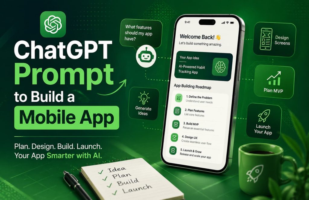 ChatGPT Prompt to Build a Mobile App showing AI-powered mobile app planning, MVP development, UX design, feature planning, and app launch strategy for entrepreneurs and developers.
