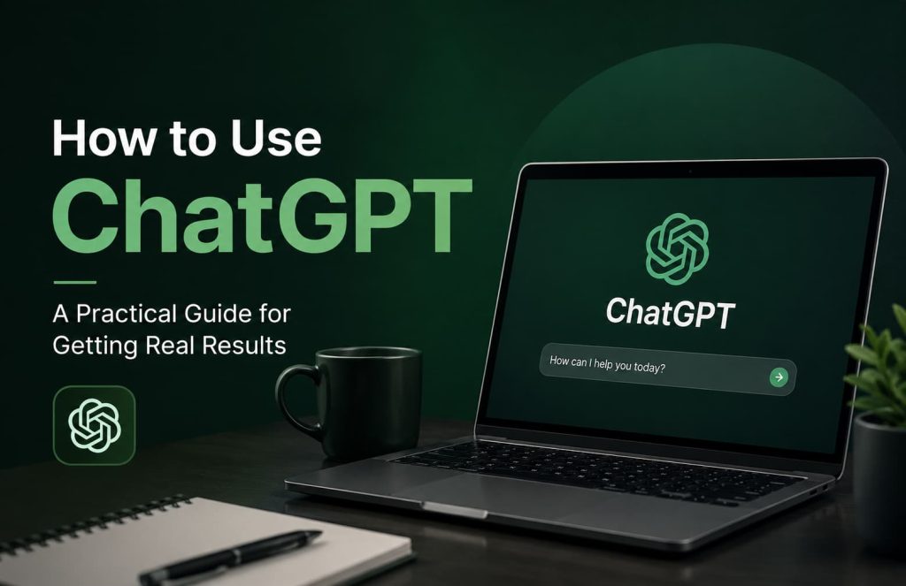 A modern workspace with a laptop displaying the ChatGPT interface on a dark green background, featuring the title "How to Use ChatGPT: A Practical Guide for Getting Real Results." The image represents a beginner's guide to learning how to use ChatGPT effectively for writing, productivity, and everyday tasks.